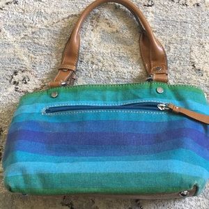 LIZ CLAIBORNE MULTICOLORED SMALL SACHEL WITH FEET.
